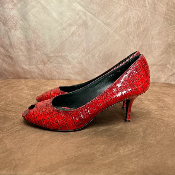 Donald J. Pliner Couture Tiff Red Leather Alligator Pumps Open Toe Stiletto - Picture 3 of 10
